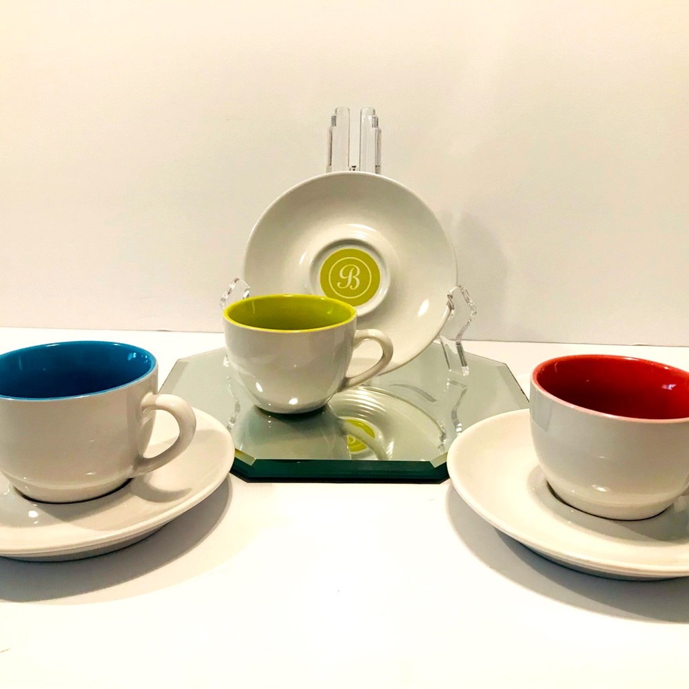 Colourful Ceramic Demitasse Cup & Saucer Set of 3 With Monogram B on Saucer